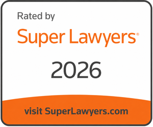Awards badge for "Rated by Super Lawyers 2026. Visit SuperLawyers.com" 2026 Super Lawyers badge featuring orange and black lettering on a white background, with an orange banner at the bottom reading “visit SuperLawyers.com.”