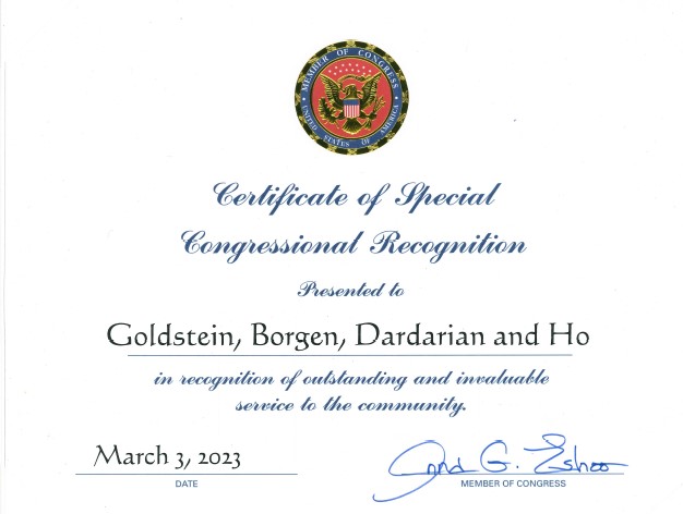Certificate of Special Congressional Recognition Anna G. Eshoo, 2023 Certificate of Special Congressional Recognition awarded presented to Goldstein, Borgen, Dardarian, and Ho in recognition of outstanding and invaluable service to the community. Features official congressional seal at top, formal blue and black text, date March 3, 2023, and signature of a Member of Congress.